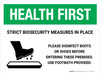 Health First: Strict Biosecurity Measures In Place with Icon Landscape - Wall Sign Health First: Strict Biosecurity Measures In Place with Icon Landscape - Wall Sign