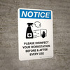Notice: Please Disinfect Your Workstation with Icon Portrait - Wall Sign