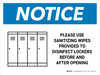 Notice Please Use Sanitizing Wipes To Disinfect Lockers with Icon Landscape - Wall Sign