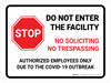 Stop Do Not Enter Facility No Soliciting No Trespassing Due to COVID-19 with Icon Landscape - Wall Sign Stop Do Not Enter Facility No Soliciting No Trespassing Due to COVID-19 with Icon Landscape - Wall Sign