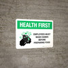 Health First Portrait Employees Wash Hands Before Preparing Food with Icon Landscape - Wall Sign