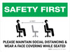 Safety First: Maintain Social Distancing Wear Face Covering While Seated with Icon Landscape - Wall Sign