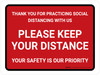 Thank You For Practicing Social Distancing With Us Red Landscape - Wall Sign