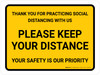 Thank You For Practicing Social Distancing With Us Yellow Landscape - Wall Sign