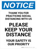 Notice: Thank You For Practicing Social Distancing With Us Portrait - Wall Sign
