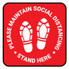 Please Maintain Social Distancing Stand Here with Shoe Prints Red Square - Floor Sign Please Maintain Social Distancing Stand Here with Shoe Prints Red Square - Floor Sign
