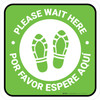 Please Wait Here Bilingual with Shoe Prints Green Square - Floor Sign