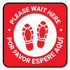 Please Wait Here Bilingual Spanish with Shoe Prints Red Square - Floor Sign Please Wait Here Bilingual Spanish with Shoe Prints Red Square - Floor Sign