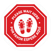 Please Wait Here Bilingual with Shoe Prints Stop Circular - Floor Sign