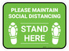 Please Maintain Social Distancing Stand Here with Shoe Prints Green Rectangle - Floor Sign