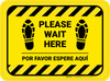 Please Wait Here Bilingual Spanish with Shoe Prints Hazard Stripes Rectangle - Floor Sign Please Wait Here Bilingual Spanish with Shoe Prints Hazard Stripes Rectangle - Floor Sign