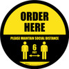 Order Here: Social Distance with Icon Black Border Circular - Floor Sign