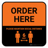 Order Here: Social Distance with Icon Orange Square - Floor Sign