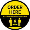 Order Here: Social Distance with Icon Yellow Circular - Floor Sign