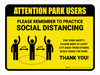 Attention: Park Users Remember Social Distancing with Icon Landscape - Wall Sign Attention: Park Users Remember Social Distancing with Icon Landscape - Wall Sign