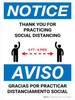 Notice: Thank You For Practicing Social Distancing Bilingual Spanish with Icon Portrait - Wall Sign