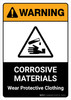 Warning: Corrosive Materials Wear Protective Clothing with Icon ANSI Portrait - Wall Sign