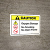 Caution: Oxygen Storage No Smoking No Open Flame with Icons ANSI Landscape - Wall Sign Caution: Oxygen Storage No Smoking No Open Flame with Icons ANSI Landscape - Wall Sign
