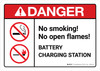 Danger: Battery Station No Smoking No Open Flames with Icons ANSI Landscape - Wall Sign