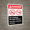 Danger: Battery Station No Smoking No Open Flames with Icons ANSI Portrait - Wall Sign