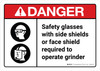 Danger: Safety Glasses and Shields Must Be Worn When Operating Grinder with Icons ANSI Landscape - Wall Sign Danger: Safety Glasses and Shields Must Be Worn When Operating Grinder with Icons ANSI Landscape - Wall Sign