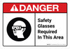 Danger: Safety Glasses Required in This Area with Icon ANSI Landscape - Wall Sign