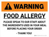 Warning: Food Allergy Please Speak to Our Staff Landscape - Wall Sign