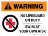 Warning: No Lifeguard on Duty Swim at Own Risk with Icon Landscape - Wall Sign Warning: No Lifeguard on Duty Swim at Own Risk with Icon Landscape - Wall Sign