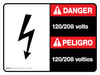Danger: 120-208 Volts Bilingual Spanish Landscape with Icon - Wall Sign
