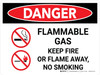 Danger: Flammable Gas Keep Fire Or Flame Away No Smoking Landscape with Icon - Wall Sign