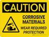 Caution: Corrosive Materials Wear Required Protection Landscape With Icon - Wall Sign Caution: Corrosive Materials Wear Required Protection Landscape With Icon - Wall Sign