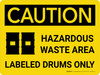 Caution: Hazardous Waste Area Labeled Drums Landscape With Icons - Wall Sign