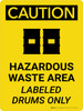 Caution: Hazardous Waste Area Labeled Drums Portrait With Icons - Wall Sign
