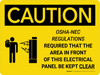 Caution: NEC Require Electrical Panel Kept Clear Landscape With Icon - Wall Sign