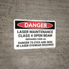 Danger: Laser Maintenance Class 4 Open Beam - Wall Sign Danger: Laser Maintenance Class 4 Open Beam - Wall Sign