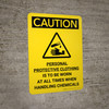 Caution: Personal Protective Equipment Is To Be Worn At All Times When Handling Chemicals Portrait With Icon - Wall Sign Caution: Personal Protective Equipment Is To Be Worn At All Times When Handling Chemicals Portrait With Icon - Wall Sign