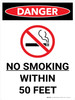 Danger: No Smoking Within 50 Feet Portrait with Graphic - Wall Sign