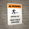 Warning: Open Pit Unstable Ground Portrait White With Icon - Wall Sign
