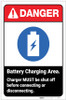 Danger: Battery Charging Area - Charger MUST Be Shut Off Before Connecting ANSI with Icon Portrait - Label
