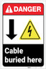 Danger: Cable Buries Here Down Arrow ANSI with Icons Portrait - Label