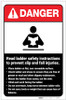 Danger: Read Ladder Safety Instructions to Prevent Slip and Fall Injuries ANSI with Icon Portrait - Label