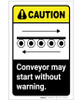 Caution: Conveyor May Start Without Warning with Icon ANSI Portrait - Label Caution: Conveyor May Start Without Warning with Icon ANSI Portrait - Label