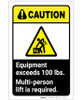 Caution: Equipment Exceeds 100 lbs - Multi-person Lift Required ANSI Landscape - Label