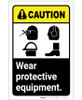 Caution: PPE Wear Protective Equipment Glasses Hard Hat Hearing Shoes Portrait - Label