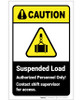 Caution: Suspended Load Authorized Personnel with Icon ANSI Portrait - Label
