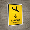 Arrivals With Down Arrow Yellow Bilingual Spanish Portrait - Wall Sign