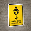 Baby Care With Down Arrow Yellow Bilingual Spanish Portrait - Wall Sign