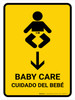 Baby Care With Down Arrow Yellow Bilingual Spanish Portrait - Wall Sign