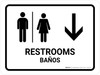 Restrooms With Down Arrow White Bilingual Spanish Landscape - Wall Sign