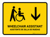 Wheelchair Assistant With Down Arrow Yellow Bilingual Spanish Landscape - Wall Sign